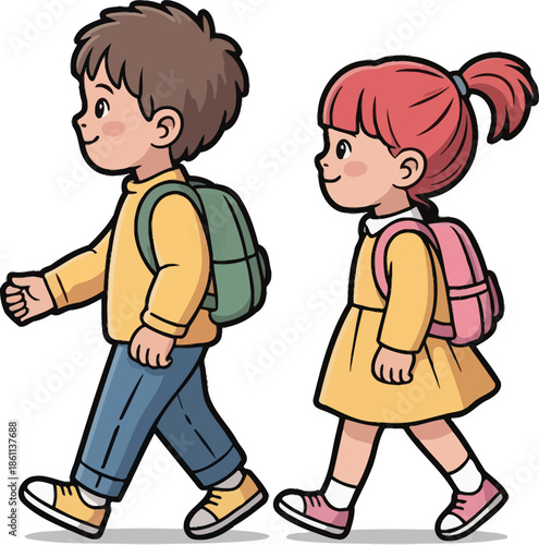 Cute Boy and Girl Walking to School with Backpacks – Children Cartoon Art