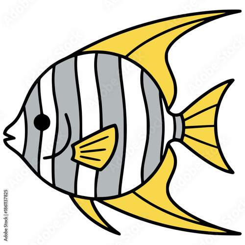 Cute Cartoon Angelfish with Gray and White Stripes and Yellow Fins