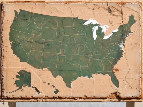 Rustic weathered United States state outline with green and beige colors, showing vintage cartoonish artwork on a cracked surface. Use: educational.