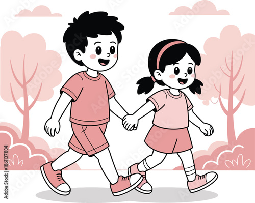 Cute Boy and Girl Walking to School with Backpacks – Children Cartoon Art