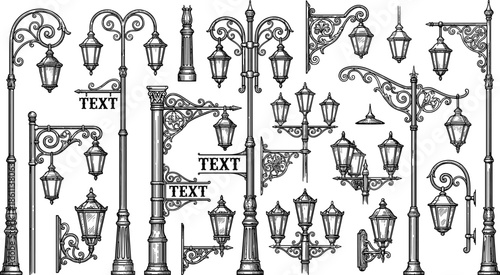 Vintage street lamps, ornate lanterns, classical metal posts, decorative brackets, urban lighting design, customizable signage, Victorian style, monochrome illustration, outdoor decor