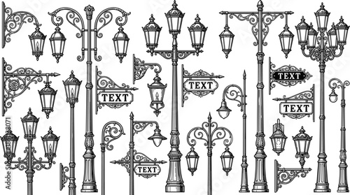 Vintage street lamps, ornate lanterns, classical metal posts, urban lighting design, customizable signage brackets, historical outdoor decor, elegant monochrome illustration