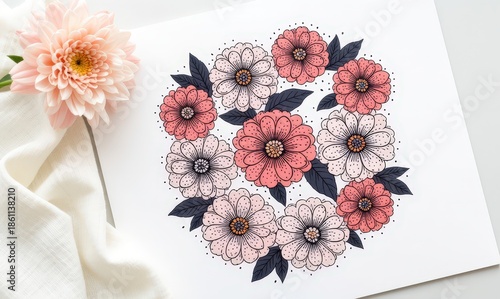 Delicate pink and white floral illustration in circular arrangement with navy leaves. Use: wedding invitation design, greeting card background.