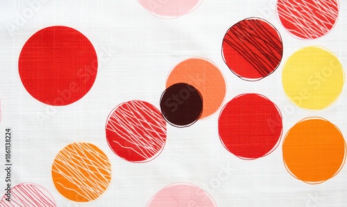 Vibrant circular patterns in red, orange, and yellow adorn a textured white fabric. Use: fashion design illustration, home decor catalog, textile.
