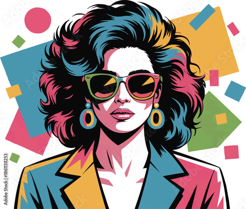 Stylish 1980s Woman Pop Art Illustration Retro Fashion & Geometry