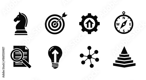 A collection of strategic icons including a horse target and compass in black silhouette