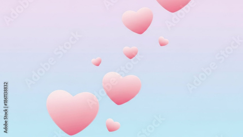 Pink hearts floating in pastel blue and purple gradient sky