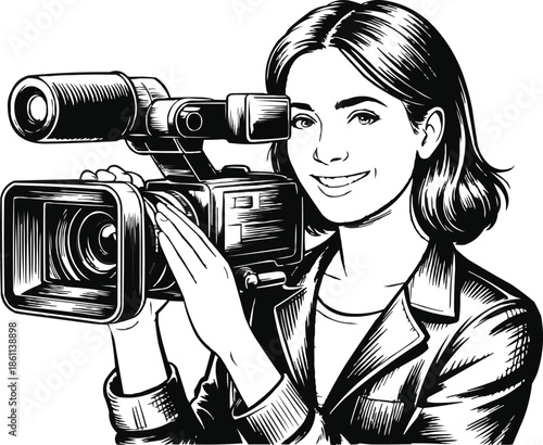 Female Videographer Engraving Illustration Media & Filmmaking Scratchboard Art