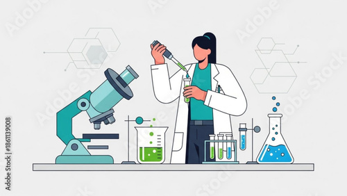 Female scientist in lab coat working with microscope and colorful liquids in beakers and test