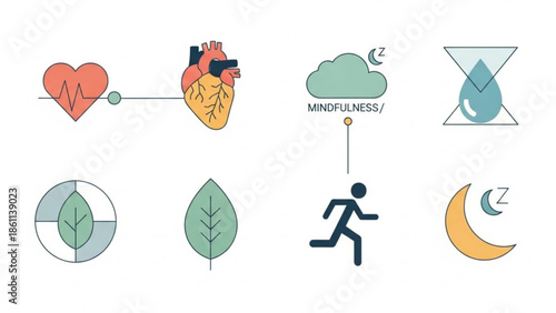 Mindfulness and wellness icons including heart rate, running, and meditation symbols