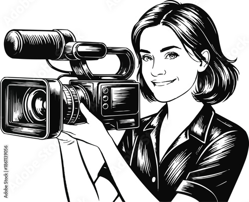 Female Videographer Engraving Illustration Media & Filmmaking Scratchboard Art
