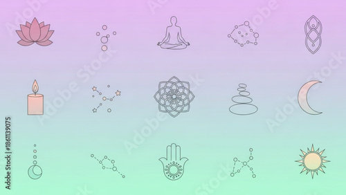 Meditation and yoga symbols with lotus flower, candle, and celestial elements on pastel