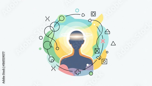 Abstract human silhouette with glowing head surrounded by colorful shapes and lines