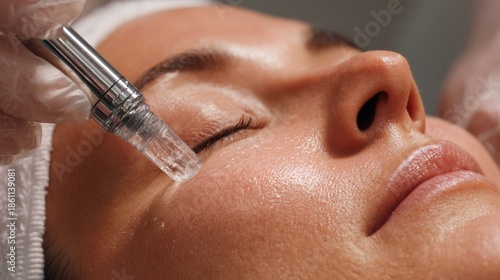 Medium shot of a professional applying crystal microdermabrasion treatment using a handheld device to remove dead skin cells and refine skin texture on a clients face.