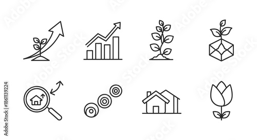 Line art icons representing growth finance nature and homeownership in a minimalist silhouette