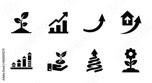 Collection of black glyph icons depicting growth finance and environmental sustainability silhouette