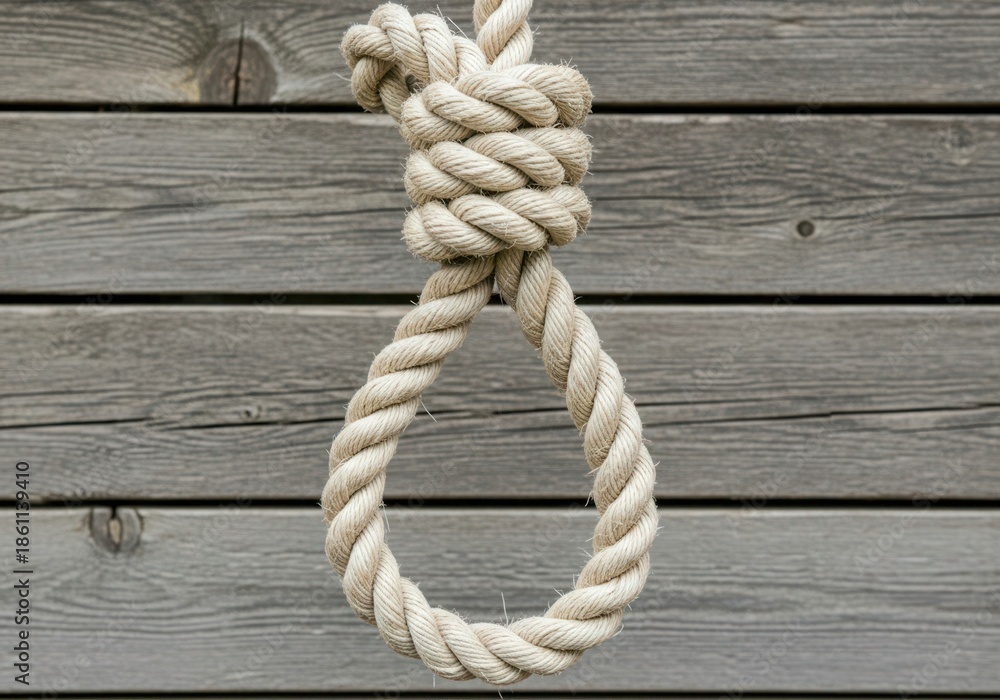 Obraz premium A hangman's knot, commonly known as a noose, intricately tied with thick rope against a weathered wooden backdrop