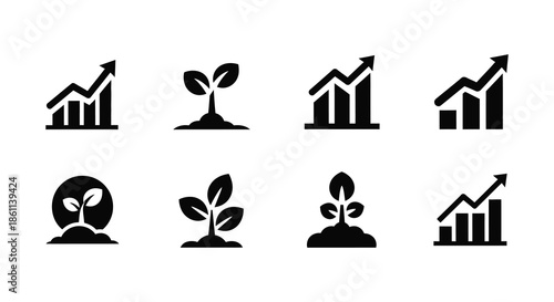 Collection of black icons representing growth finance and plant life in silhouette