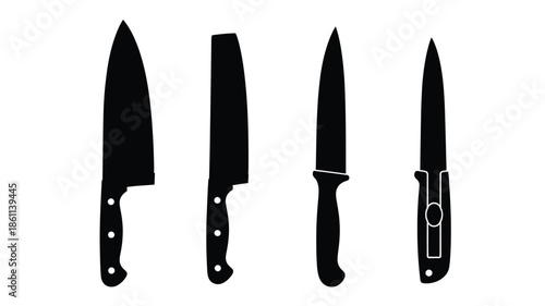 A collection of diverse kitchen knives presented as a black silhouette