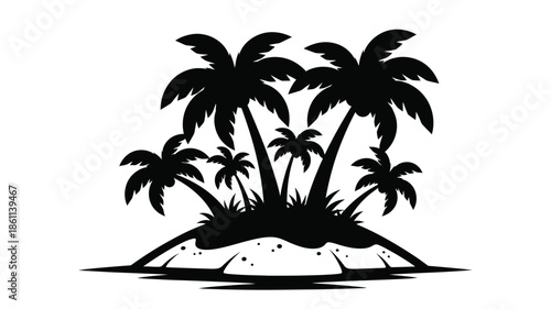 Tropical palm trees on a small island a striking black silhouette