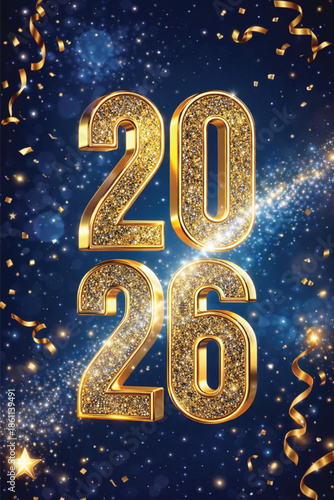 Happy New Year 2026 Celebration Background with 3D Golden Glitter Numbers, Luxury Festive Vector Art with Gold Confetti and Sparkles on Blue Magic Night Background for Posters and Banners