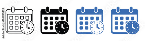 Calendar and Clock Icons, set of four vector designs in outline, solid, blue outline, and blue solid styles representing time, scheduling, planning, deadlines, and project management graphics.