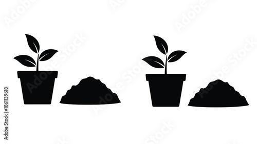 Two potted plants and soil piles presented in a striking silhouette