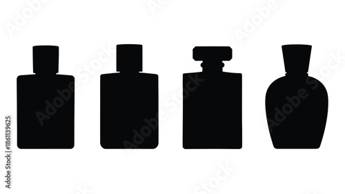 Four distinct perfume bottle shapes displayed as a striking black silhouette