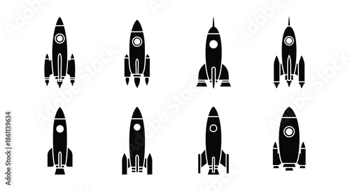A collection of diverse rocket ship designs presented in a striking black silhouette