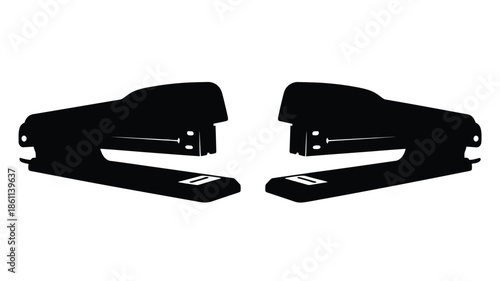 Two black office staplers facing each other a striking silhouette