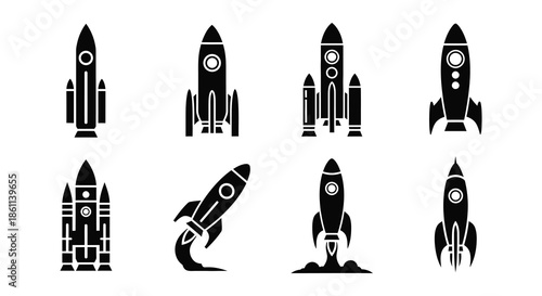 A collection of various rocket ship designs presented in a striking black silhouette