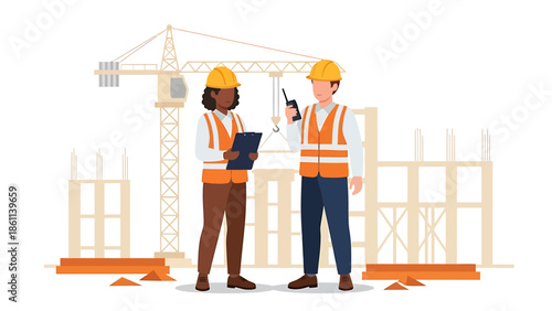 Construction site safety management and quality control with male and female workers overseeing a project checklist, a detailed flat vector illustration