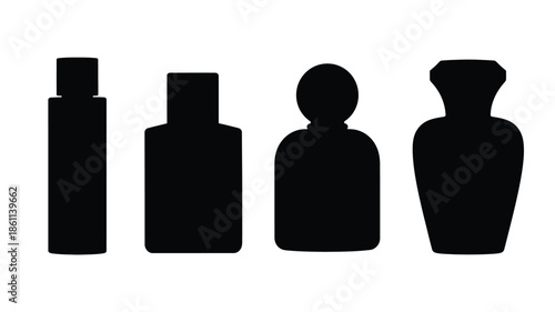 Four distinct perfume bottle shapes in a striking black silhouette