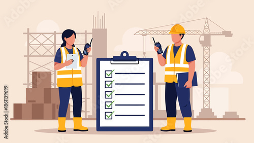Professional Construction Workers with Safety Vests and Hardhats Reviewing a Project Compliance Checklist on an Active Building Site, Ensuring Quality Standards and Regulatory Adherence