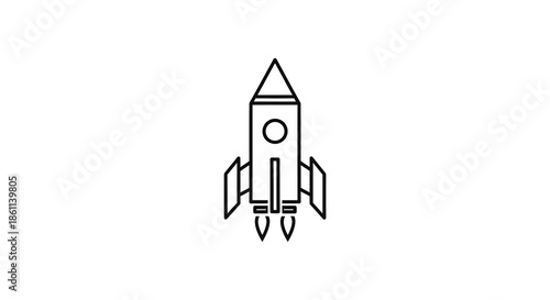 A simple line drawing depicts a rocket ship taking off presented as a distinct silhouette