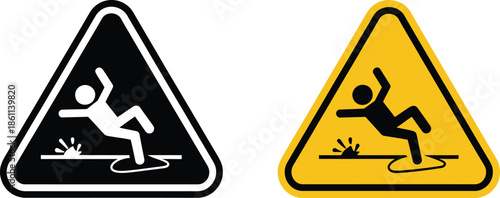 Black and yellow wet floor warning signs slippery