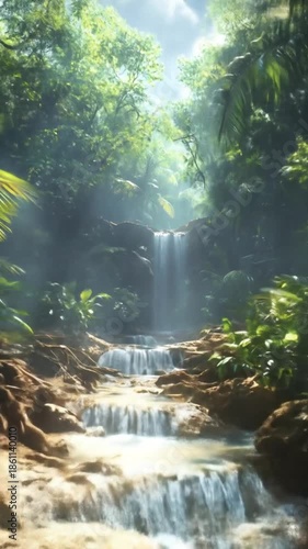Beautiful multi-tiered waterfall cascading amidst a vibrant tropical jungle, framed by lush palm trees and dense foliage under a bright sky, a natural paradise.