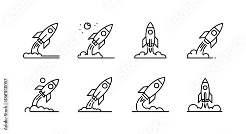 A collection of rocket ship launches depicted in linear designs showcasing flight progression silhouette