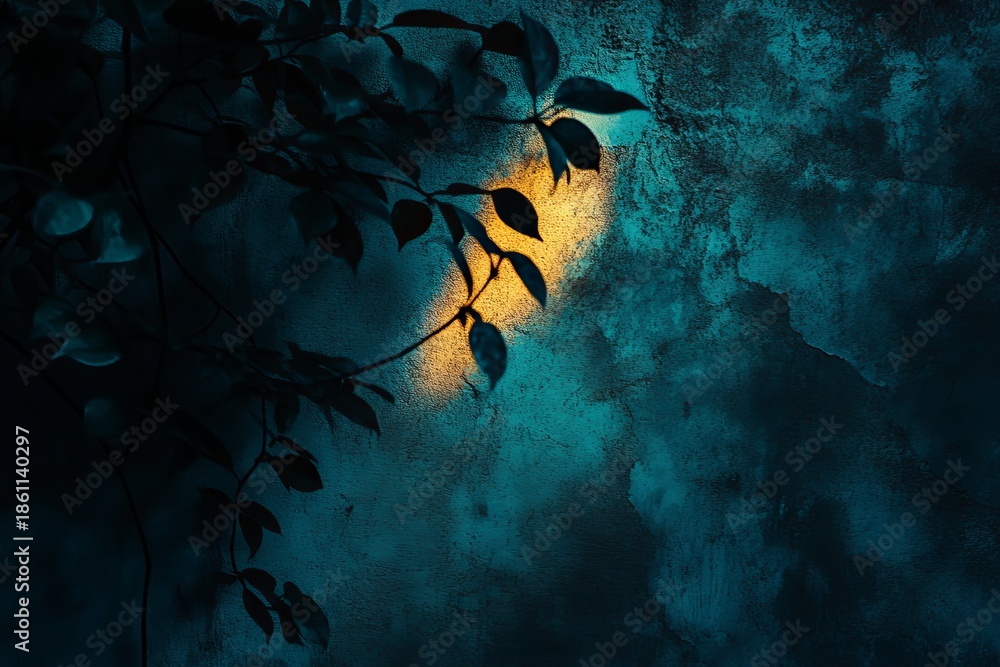 Obraz premium Dark Leaf Silhouette Against Textured Teal Wall With Yellow Light