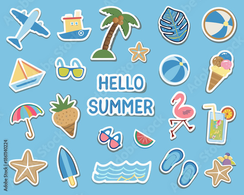 Colorful summer themed stickers featuring travel fruit and beach elements