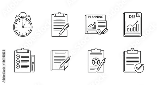 Collection of office supplies and planning tools presented as a clean linear silhouette