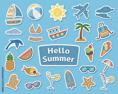 Colorful summer stickers featuring beach elements travel icons and seasonal treats