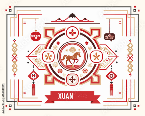 An ornate chinese new year design with a horse and traditional elements