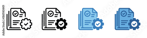 Document Process Management Icons, vector set with gear and checkmark symbols representing approved settings, workflow, task automation, and isolated white background for digital design.