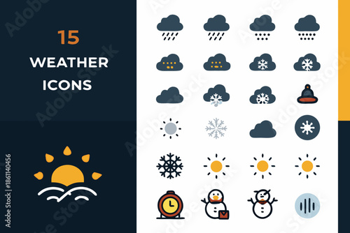Collection of fifteen colorful weather icons depicting sun clouds and precipitation