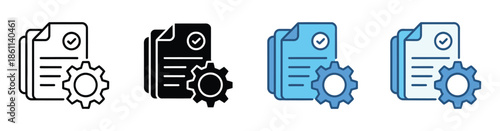 Document Process Management Icons, vector set with gear and checkmark symbols representing approved settings, workflow, task automation, and isolated white background for digital design.