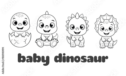Cute Baby Dinosaur Line Art Hand Drawn For Coloring Kids Vector Set