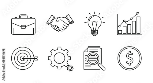 Business concepts with briefcase handshake lightbulb and growth chart in a clean silhouette