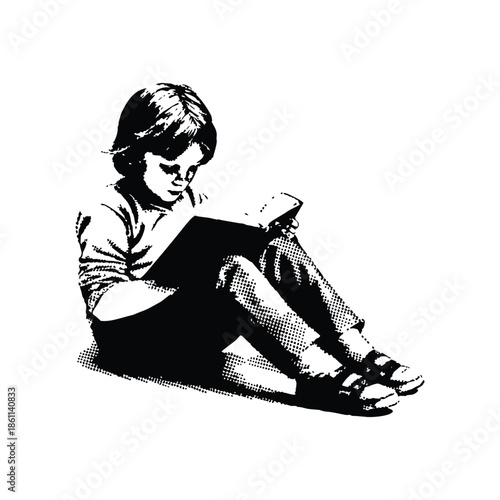 Black and white vintage engraving illustration of a child sitting on the floor reading a book, vintage retro halftone style vector illustration