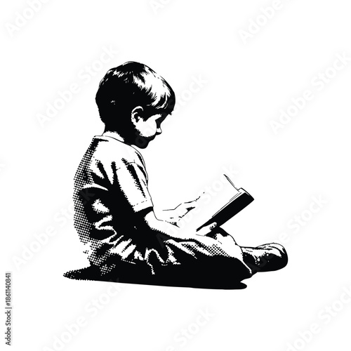Black and white vintage engraving illustration of a child sitting on the floor reading a book, vintage retro halftone style vector illustration